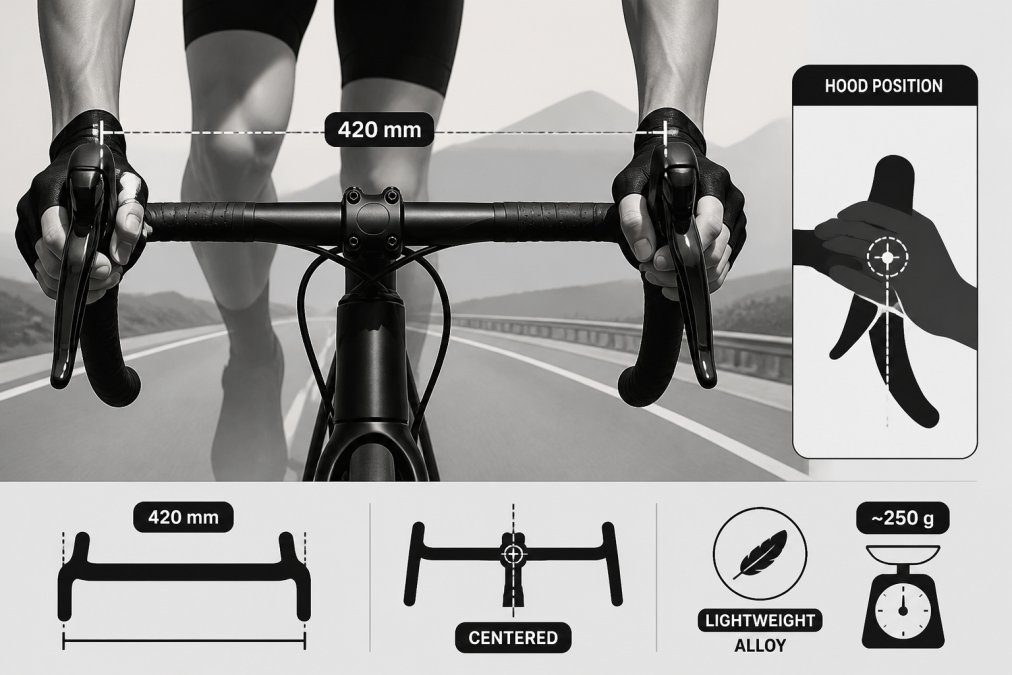 Close-up of cyclist's hands gripping lightweight alloy drop handlebars during a road ride, showing the handlebar width and hood position in natural daylight on an open road