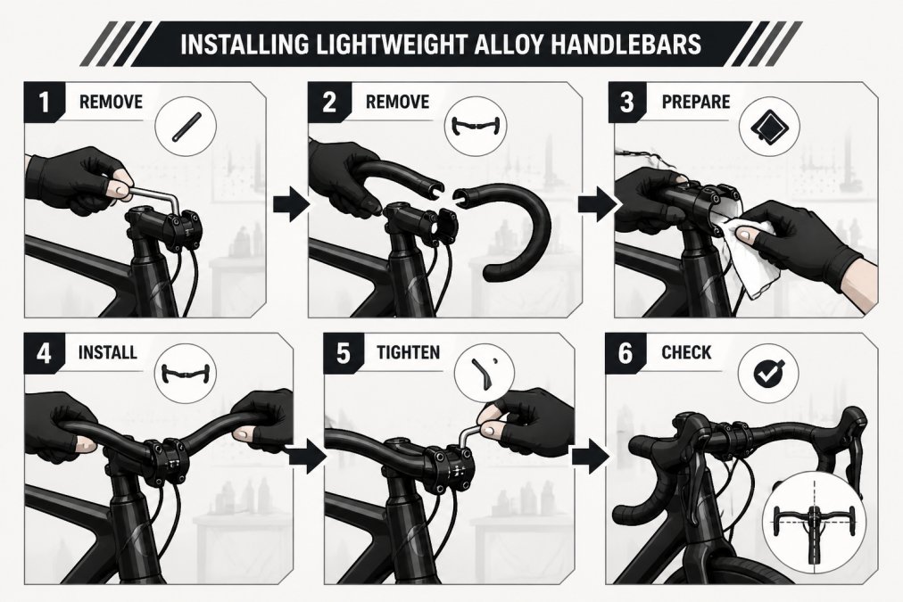 Hands working on a bike stem with tools, showing the process of installing new lightweight alloy handlebars on a road bike in a workshop setting with proper lighting