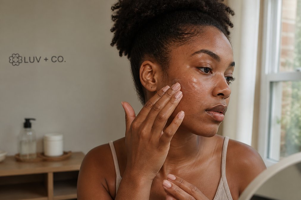 Close-up of hands applying lightweight primer to clean melanated skin with even fingertip application across cheek and jawline, natural morning light from window