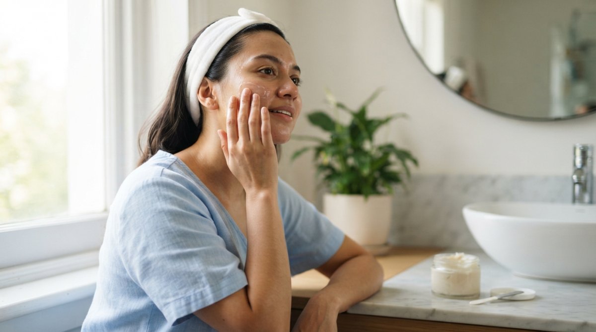 Person with oily skin applying lightweight moisturizer to face in bright morning light, showing the gel-cream texture absorbing quickly without residue or shine