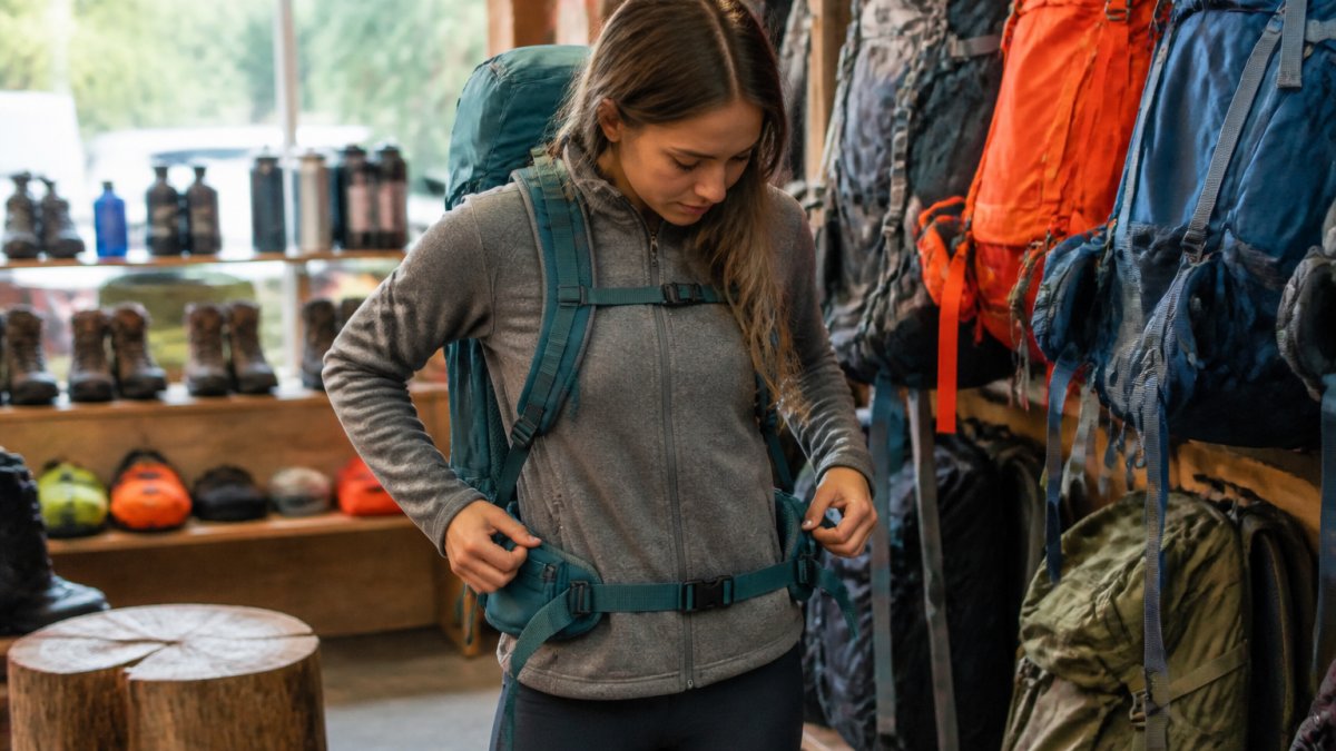 Beginner adjusting lightweight backpacking gear for a comfortable fit in a retail store