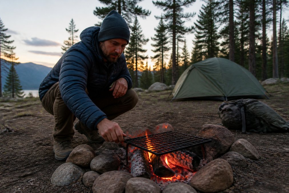 A backpacker crouched beside a small campfire at dusk, adjusting a compact carbon steel grill grate over glowing embers, with a tent and pine trees in the background
