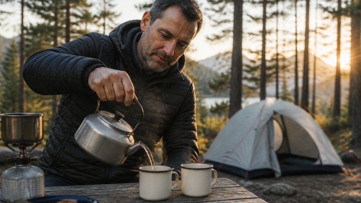 A hiker in their 40s pouring hot water from a small metal camping kettle into two enamel mugs at a campsite table, morning light, tent and pine trees in the background