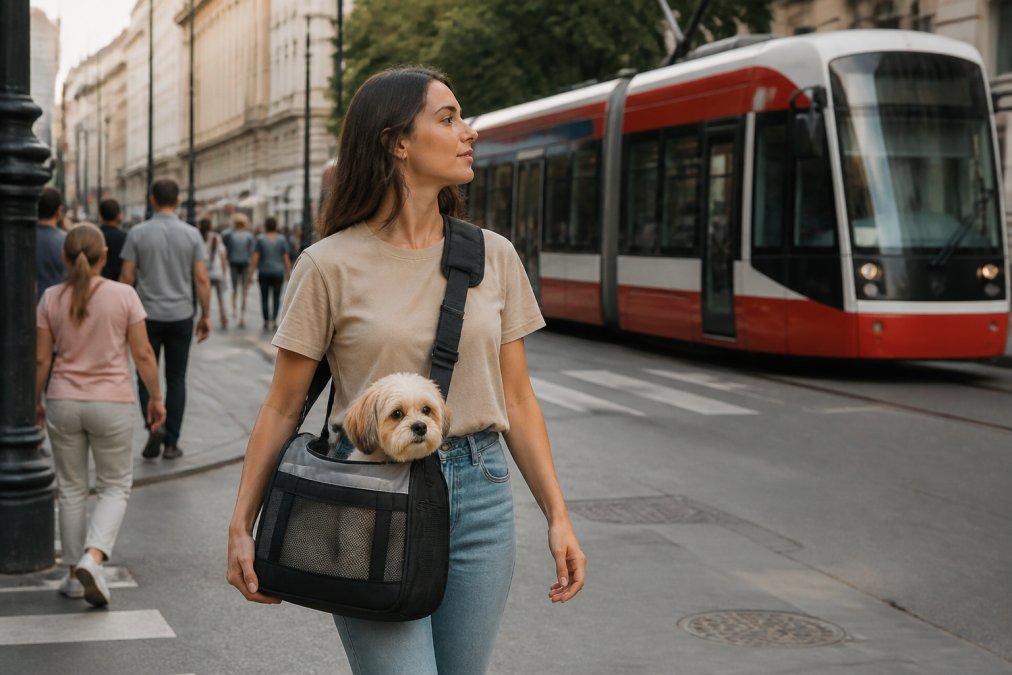 A person walking through a busy city street carrying a small dog in a soft-sided pet carrier worn cross-body, with a tram or bus visible in the background