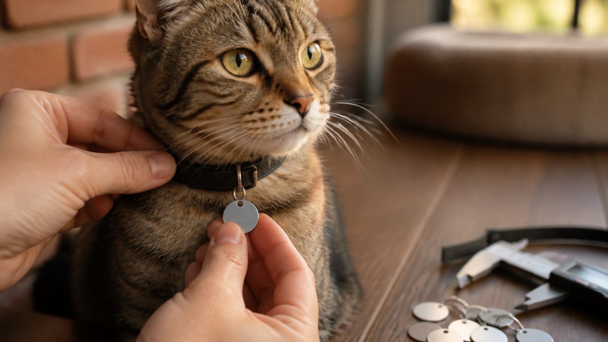 Close-up of a small tabby cat wearing a lightweight aluminium ID tag on an adjustable nylon collar, tag sitting flat against the collar without bulk or discomfort, natural indoor lighting