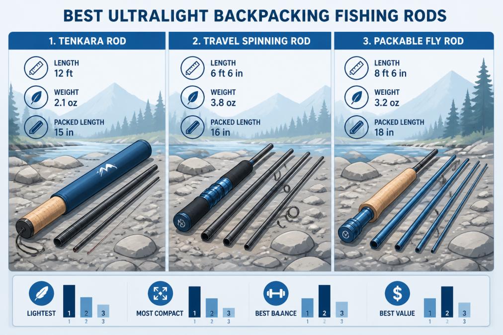 Close-up of three different collapsed fishing rods laid side by side on a rocky stream bank, showing their compact sizes and portability against a wilderness backdrop