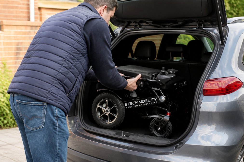 Person lifting a compact folded lightweight electric wheelchair into a car boot, demonstrating the ease of transport and compact size with natural daylight