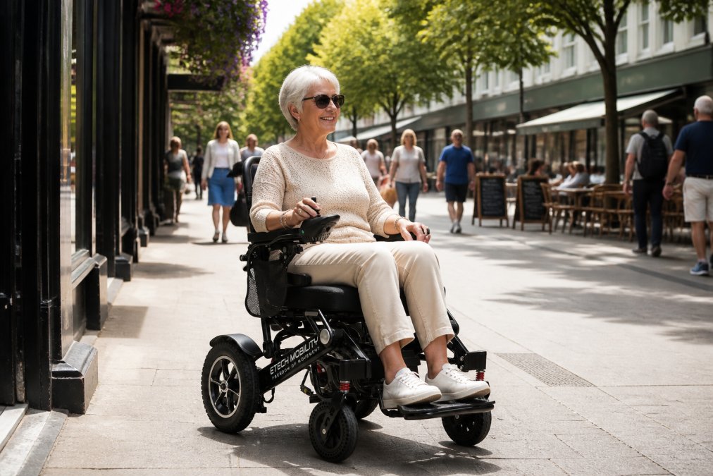 Active older adult using a lightweight electric wheelchair outdoors on a sunny day, independently navigating a high street with shops and cafes visible in the background