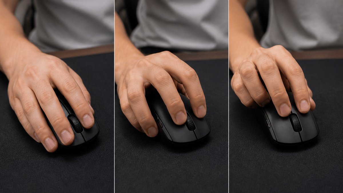 Close-up of hands demonstrating three distinct grip positions on gaming mice: palm grip with full hand contact, claw grip with arched fingers, and fingertip grip with only fingertips touching the mouse