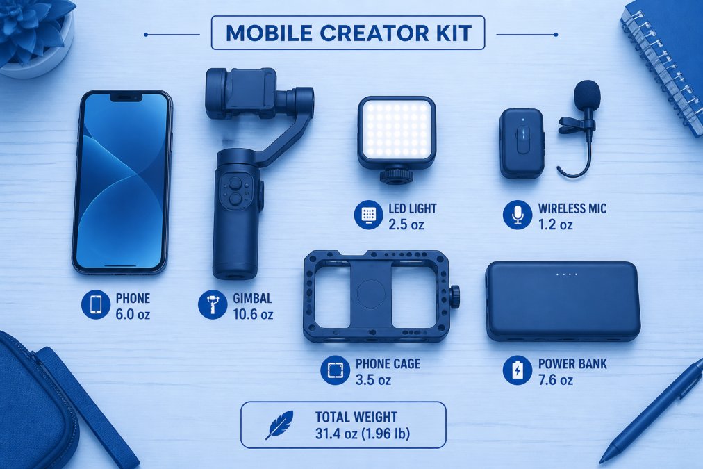 Flat lay of a complete lightweight mobile creator kit on a wooden desk: smartphone, compact gimbal, small LED light, wireless microphone, phone cage, and portable power bank arranged neatly