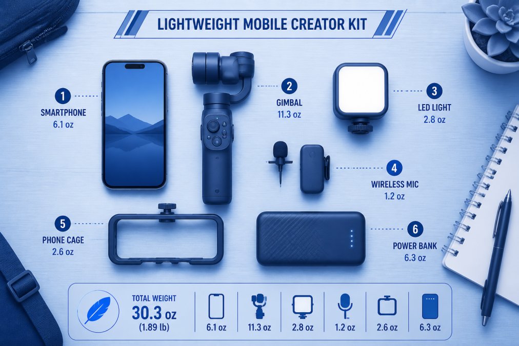Professional illustration showing Flat, LED for lightweight gear for mobile creators