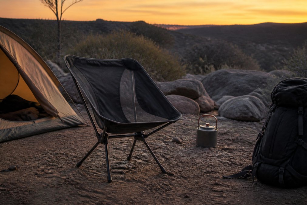 A compact folding camping chair set up on uneven ground beside a small tent at an Australian bush campsite at dusk, a hiking pack and billy resting nearby, warm light on the aluminium frame and ripstop seat