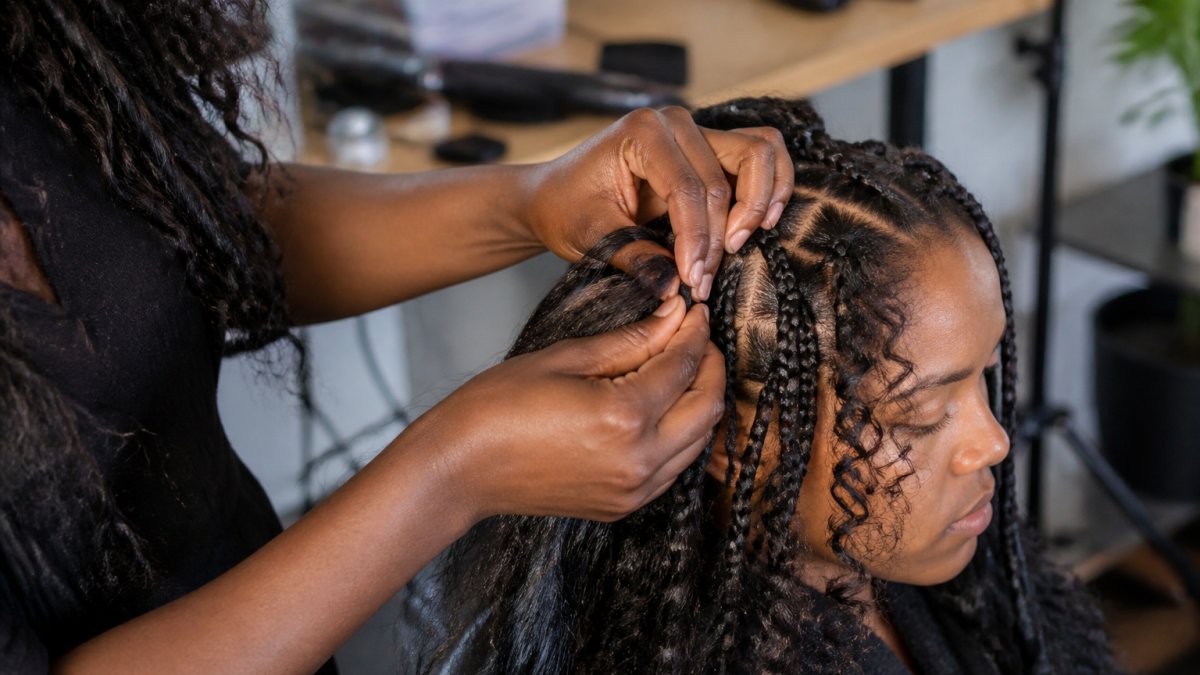 Professional demonstrating feed-in braiding technique with hands weaving lightweight human hair into natural hair sections, showing loose curly strands being added for boho effect, natural studio lighting