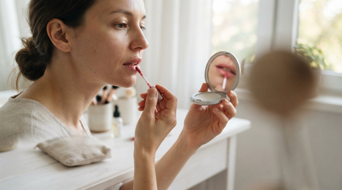 Close-up of a woman's hand applying a pink lip stain with a doe-foot applicator while holding a small compact mirror, bright natural window light, clean white desk surface