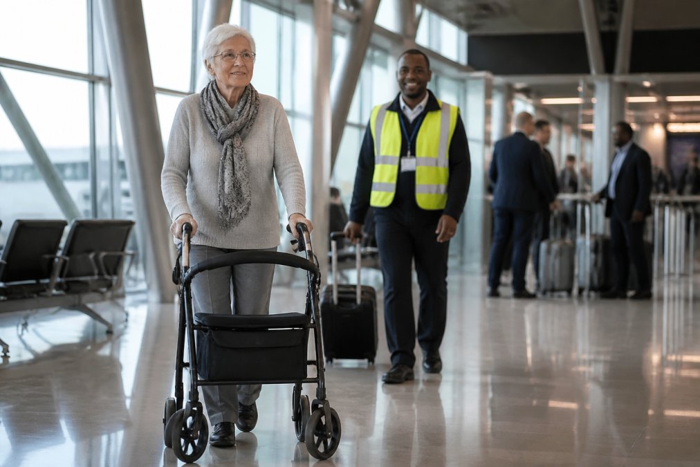 A traveler using a compact rollator moving through a modern airport terminal with accessible signage and assistance staff visible in the background