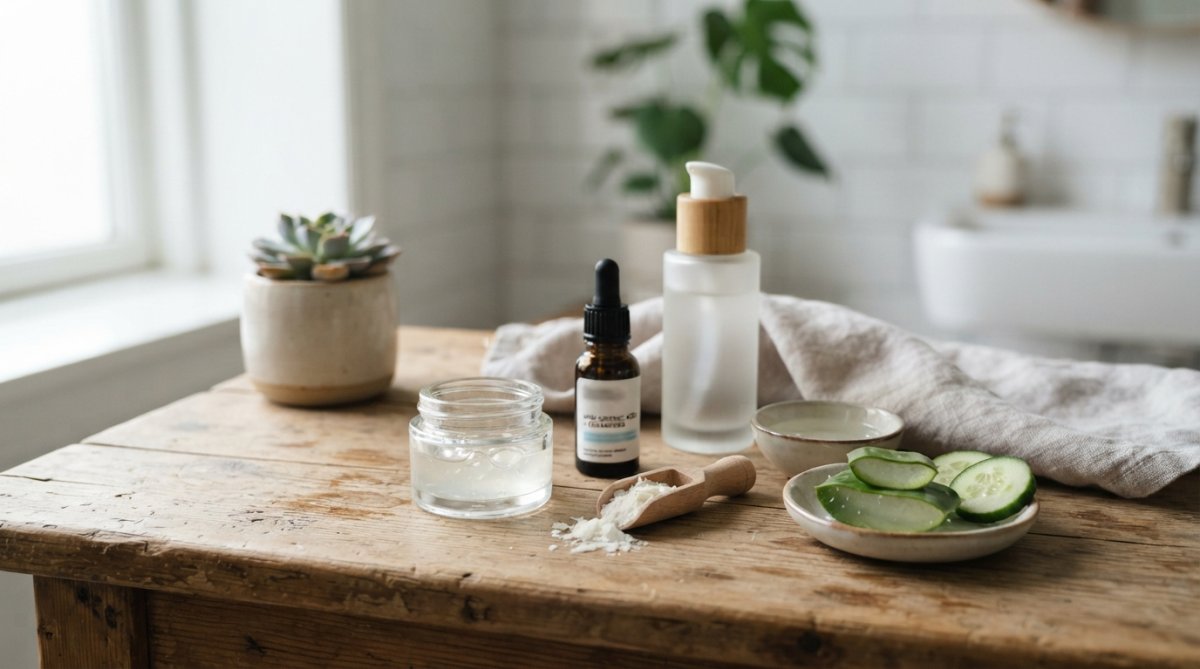 Close-up of lightweight gel moisturizer being applied to oily, dehydrated skin with visible texture and shine, natural morning light on bathroom vanity