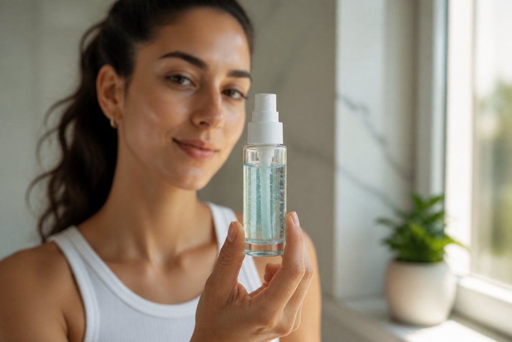 Person's hand holding a lightweight gel-cream moisturizer bottle with clear liquid visible inside, displaying the product against soft natural window lighting with a healthy complexion visible in the background