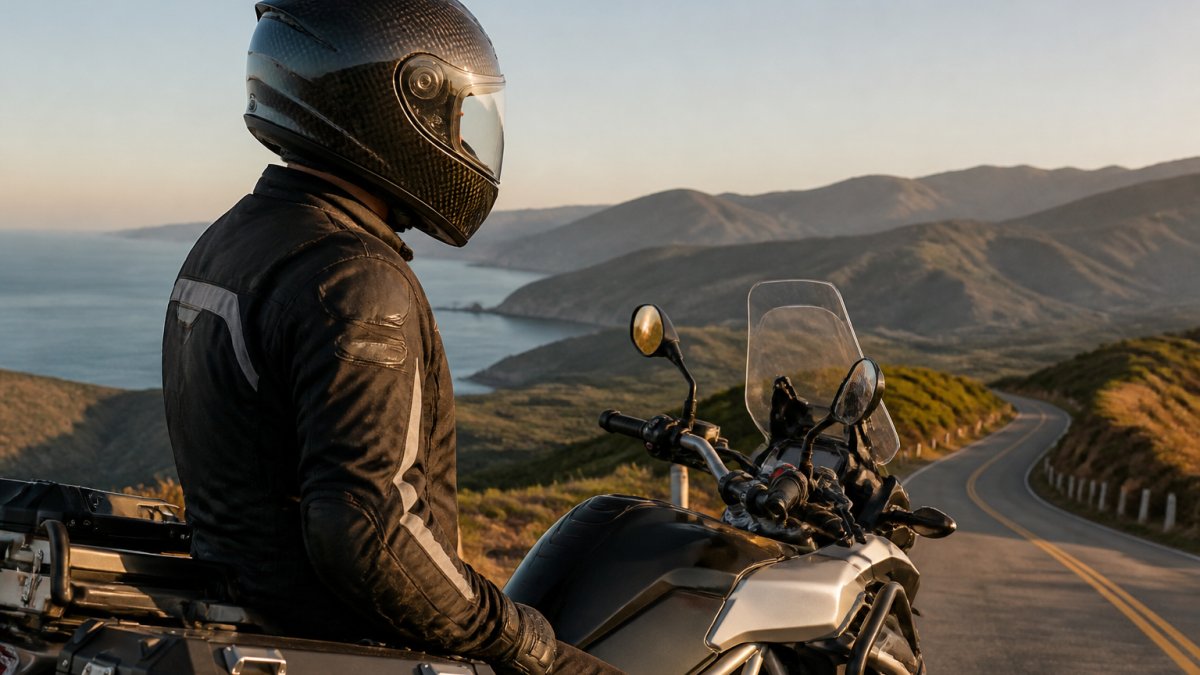 Rider wearing a carbon fiber full-face helmet resting on a touring bike at a scenic highway overlook