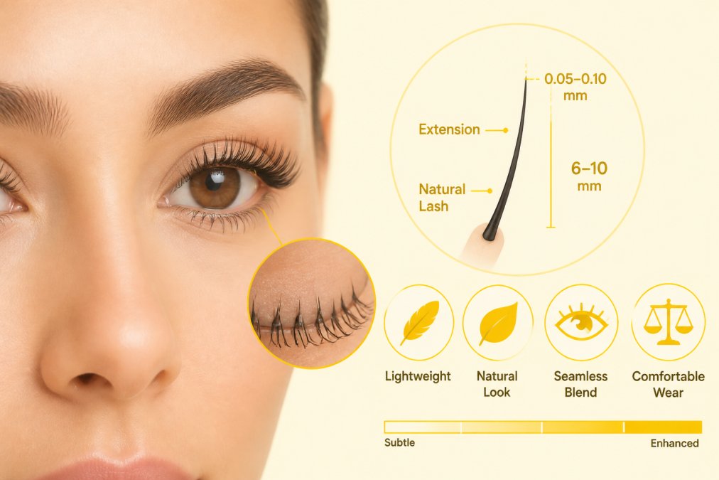 Close-up portrait of a woman with open eyes showing beautifully applied individual lash extensions that look natural and seamless, soft studio lighting highlighting the lash line