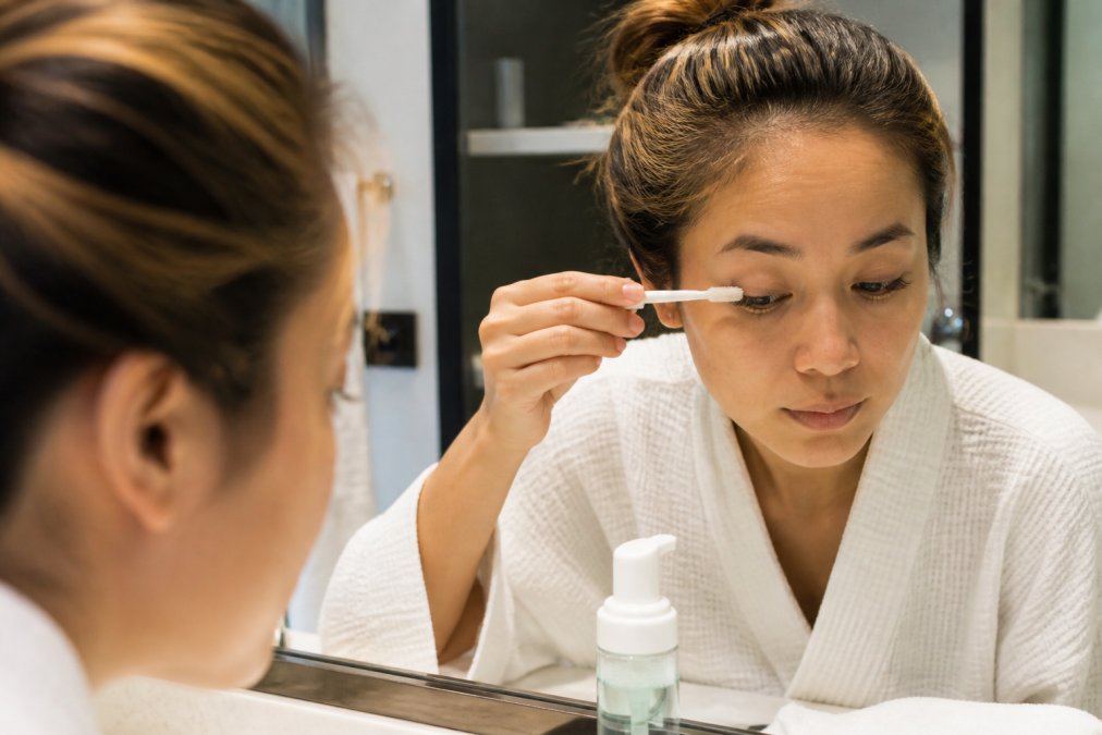 Woman gently cleaning her lash extensions with an oil-free cleanser and a soft spoolie brush in a bright bathroom, demonstrating proper aftercare routine