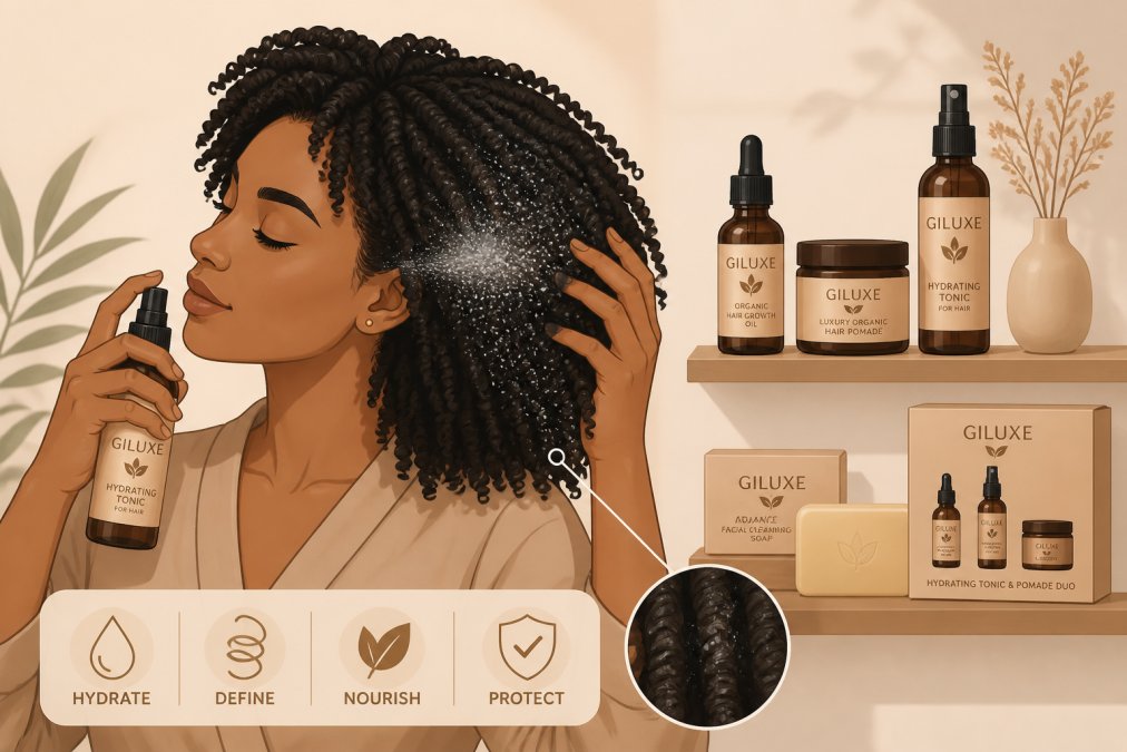 Woman using Giluxe botanical hair care products for lightweight hydration of coily hair