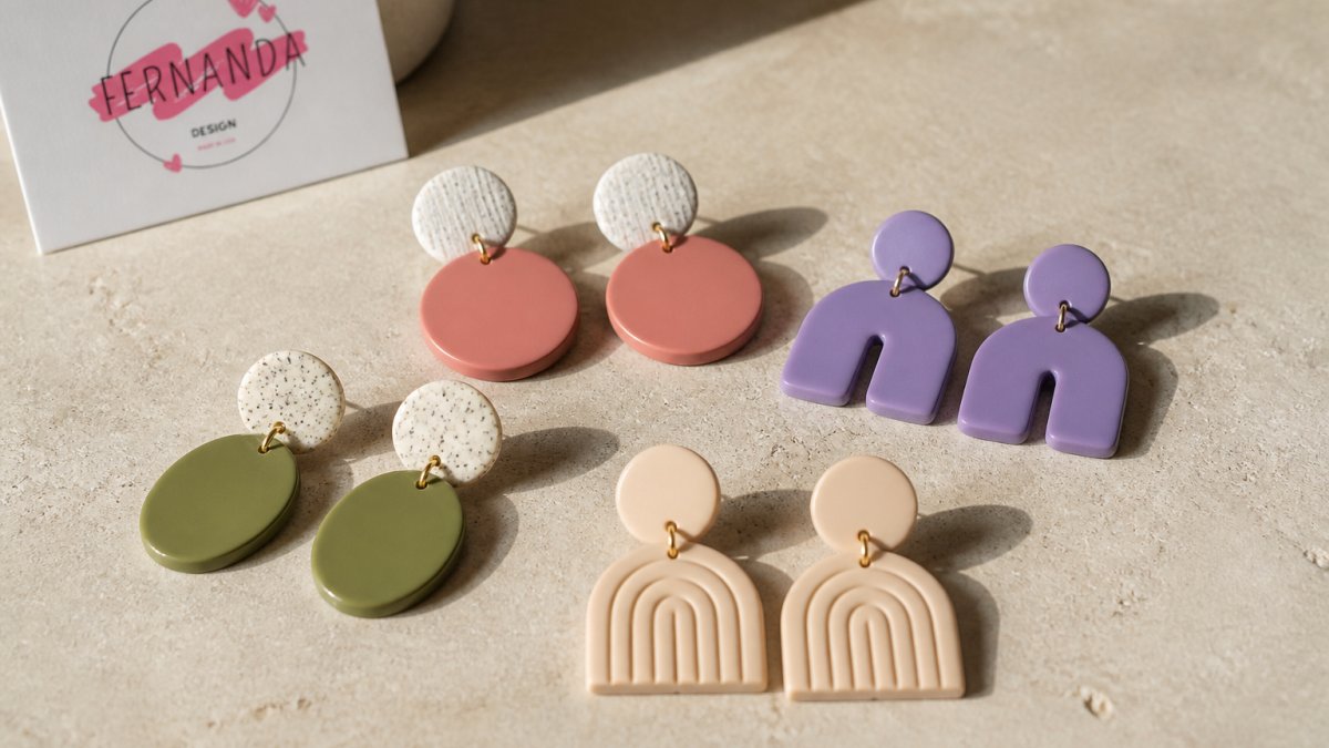 Close-up of five handmade polymer clay earrings displayed on a neutral surface, showing vibrant colors and geometric designs, with soft natural light highlighting the glossy and matte finishes