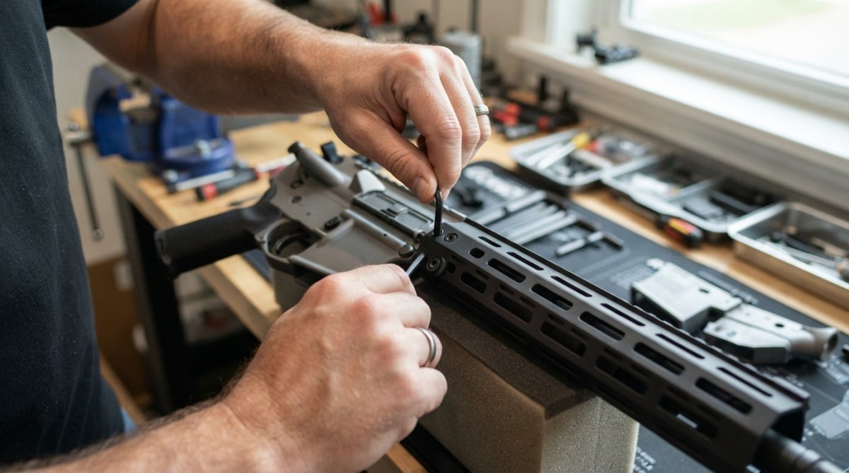 Close-up of hands installing a polymer handguard on a firearm lower receiver, showing the modular attachment points and M-LOK slots clearly visible under bright workshop lighting