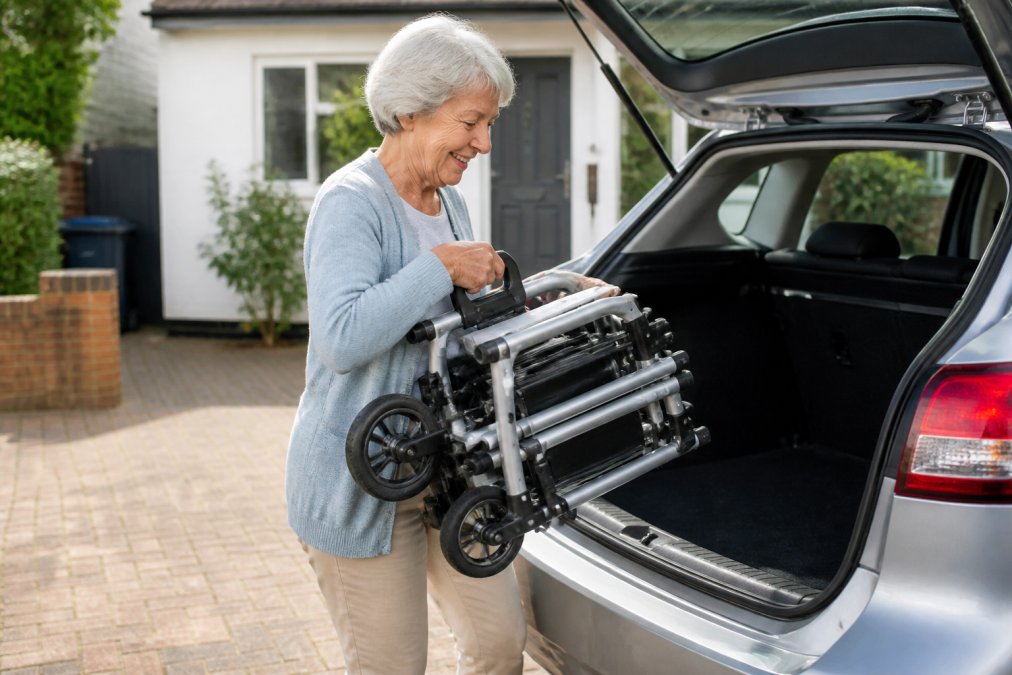 A senior woman with grey hair smiling as she easily lifts a folded silver lightweight powerchair from the boot of her car in a bright suburban driveway