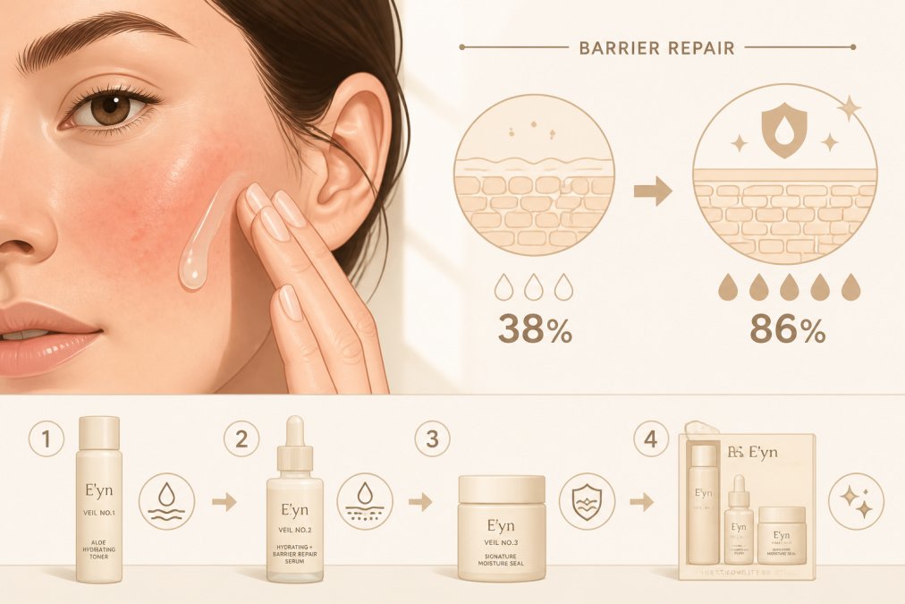 Close-up of a person's face showing visible redness and sensitivity, with a hand gently applying lightweight serum to their cheek in soft natural daylight