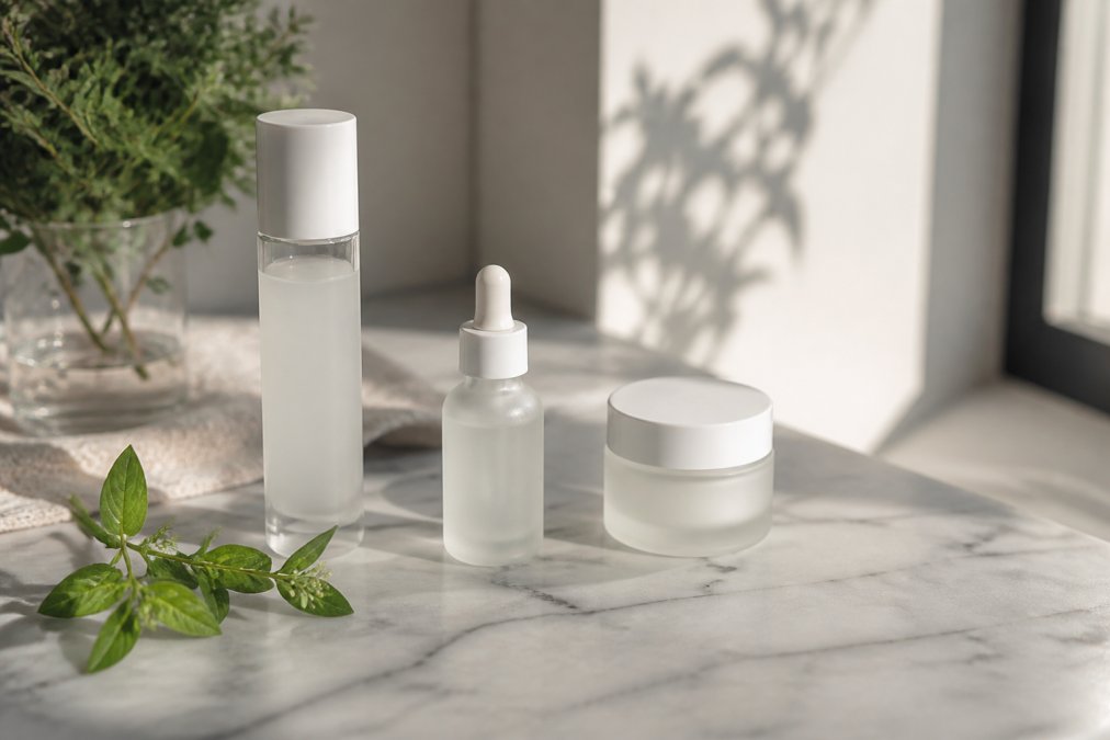 Flat lay of skincare products arranged on a marble surface, including a lightweight serum bottle, gentle cleanser, and lightweight moisturizer, with fresh green botanicals nearby in natural window lighting
