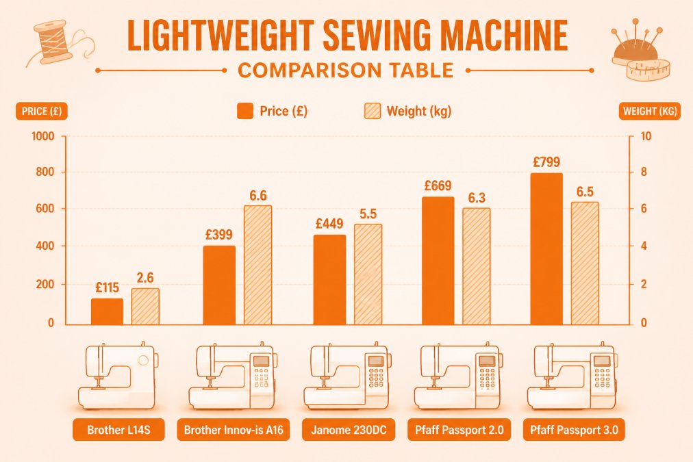 Bar chart comparing pricing and weight: Brother L14S £115 (2.6kg), Brother Innov-is A16 £399 (6.6kg), Janome 230DC £449 (5.5kg), Pfaff Passport 2.0 £669 (6.3kg), Pfaff Passport 3.0 £799 (6.5kg)