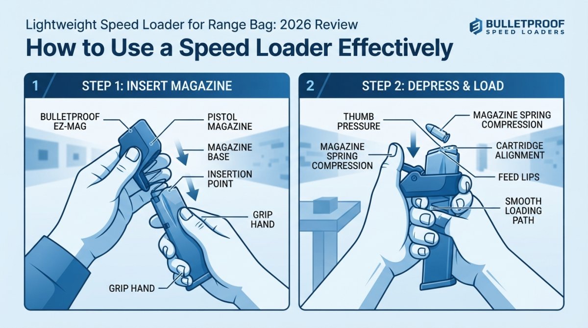 Close-up of hands demonstrating proper two-step loading technique with a pistol magazine inserted into a lightweight speed loader at an outdoor shooting range, showing finger positioning and magazine orientation