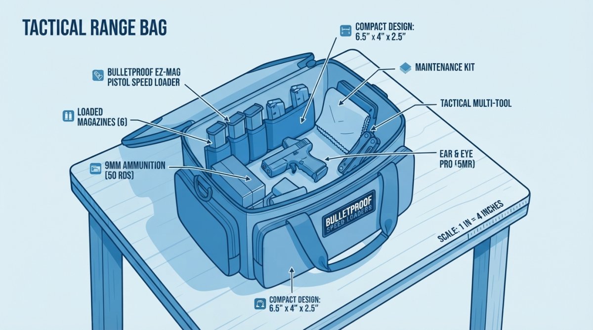 Overhead view of an organized tactical range bag showing a compact lightweight speed loader positioned among loaded magazines, ammunition boxes, and other shooting accessories on a wooden table with natural sunlight