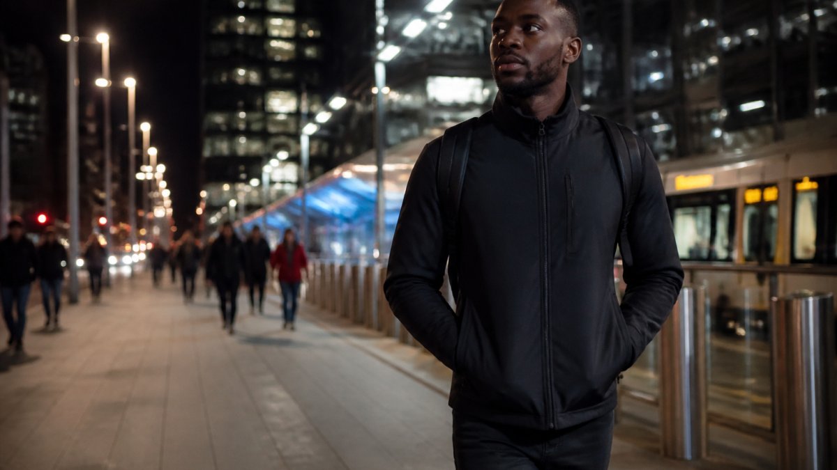A commuter in a modern city at night, wearing a sleek dark jacket, walking confidently near a train station with warm streetlights and a blurred urban background