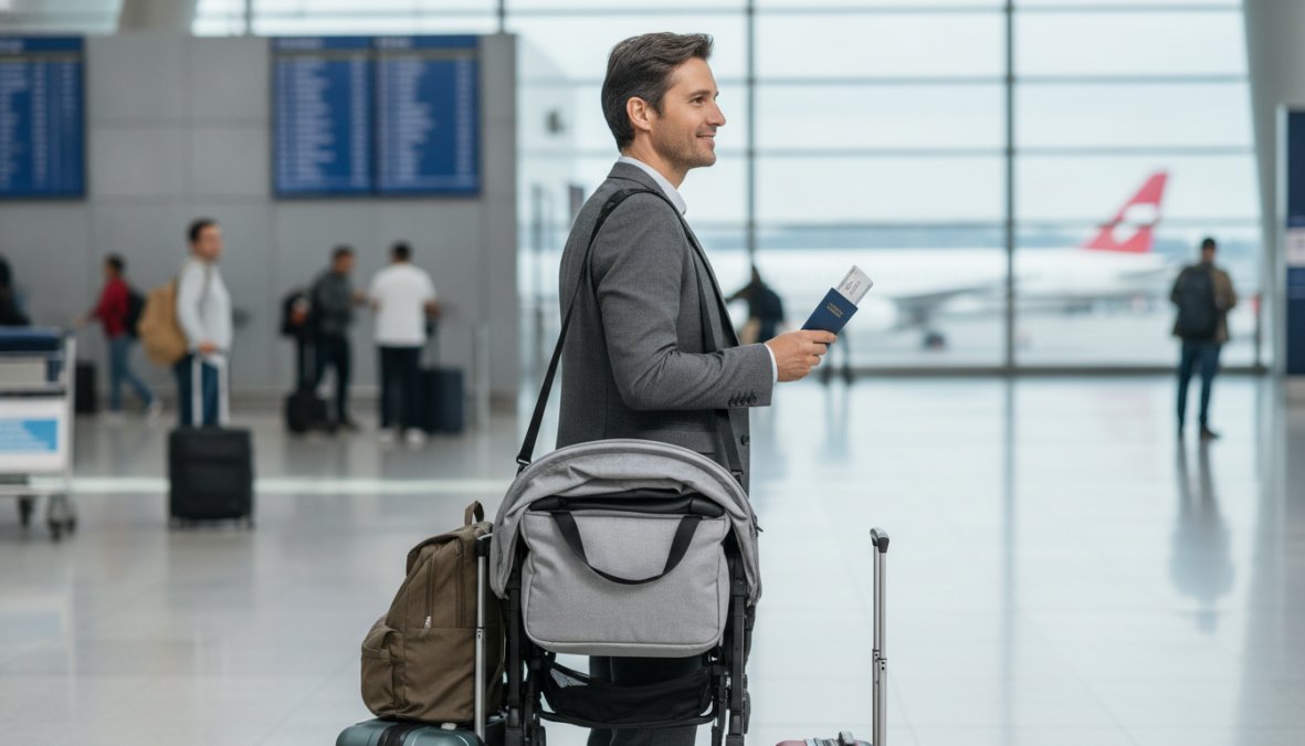 Parent effortlessly folding a compact travel stroller at an airport gate with rolling luggage nearby, natural airport lighting