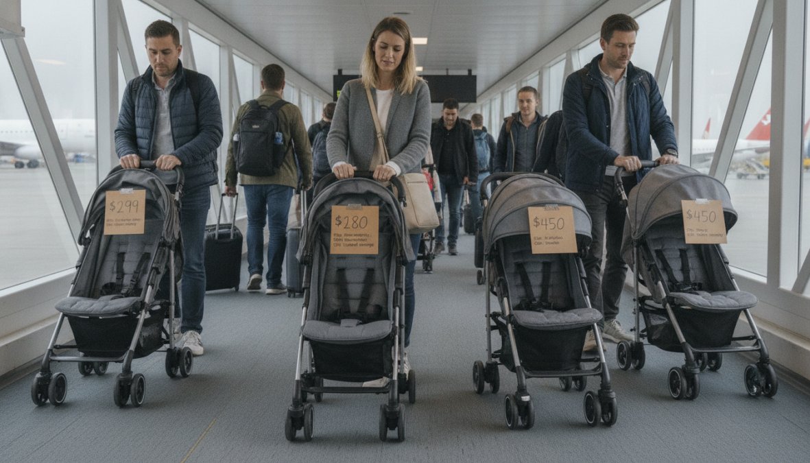 A parent folding a compact lightweight stroller one-handed on a busy airport jet bridge, a travel bag hanging from their shoulder, other travelers visible in the background under bright terminal lighting