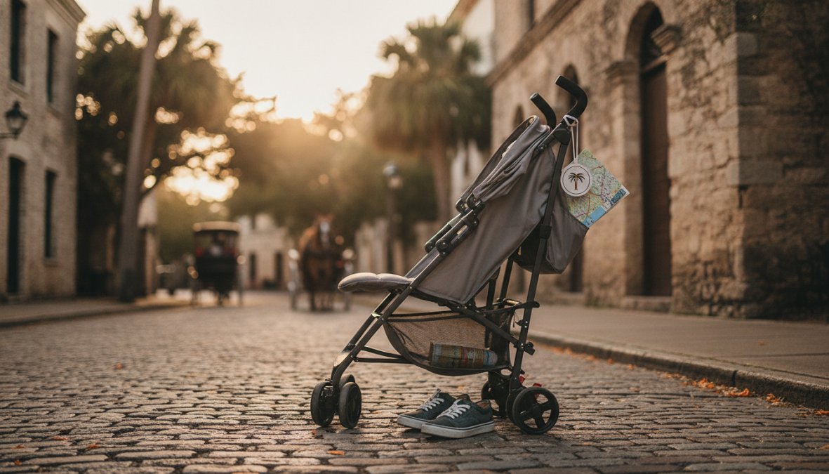 A smiling family with a young child seated in a clean stroller on a sunny Saint Augustine historic district street, a vacation rental visible in the background, warm afternoon light casting long shadows on the brick sidewalk