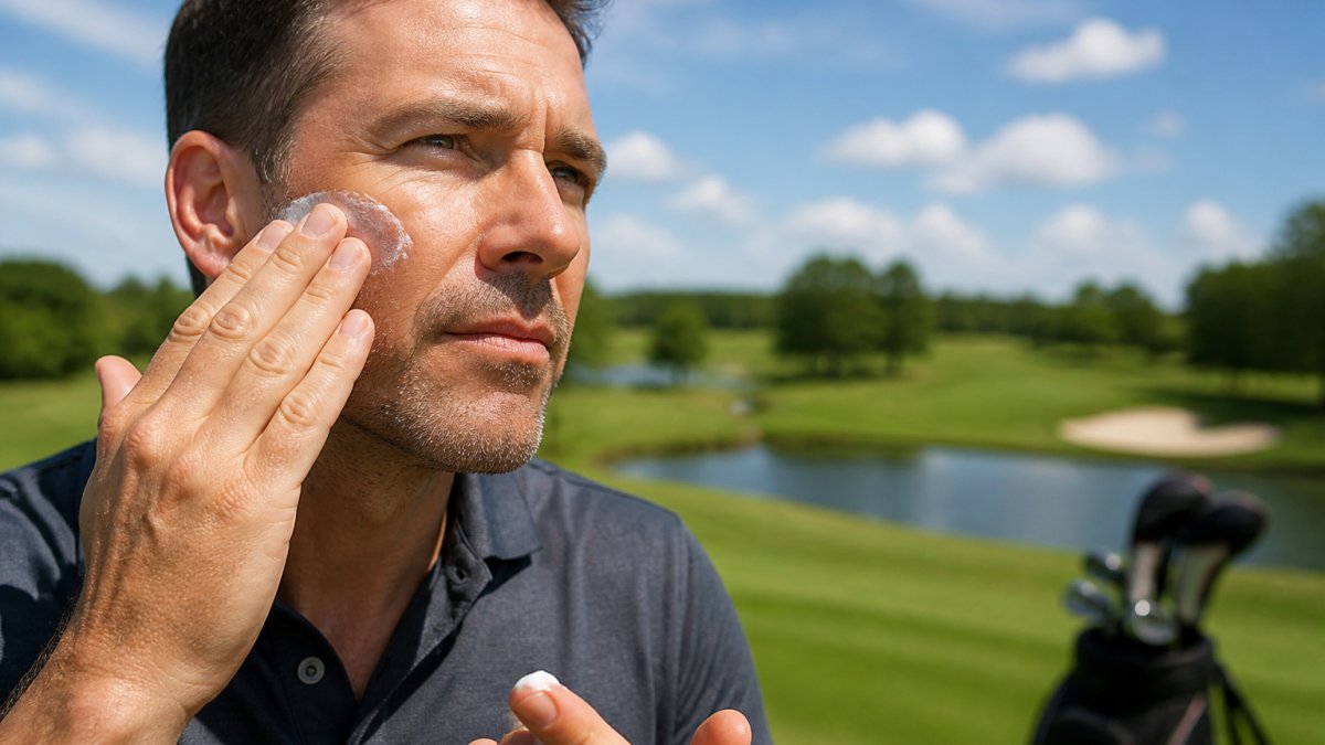 Close-up of a man's hands applying a lightweight sunscreen lotion to his face, with a golf course visible in the blurred background under bright sunlight