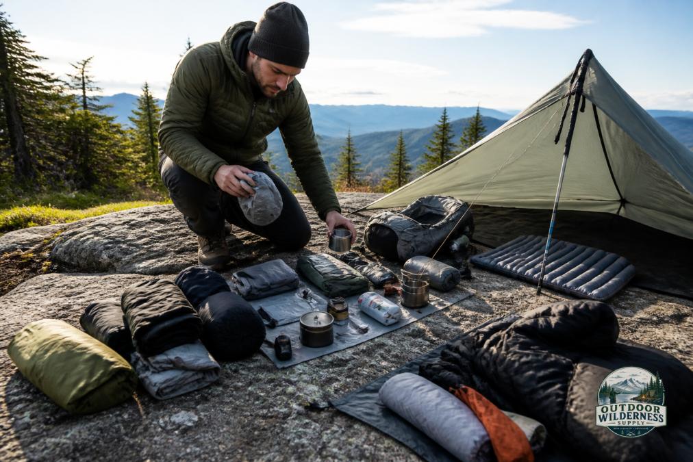 Backpacker sorting lightweight survival gear into piles on a rocky trail during a clear morning hike