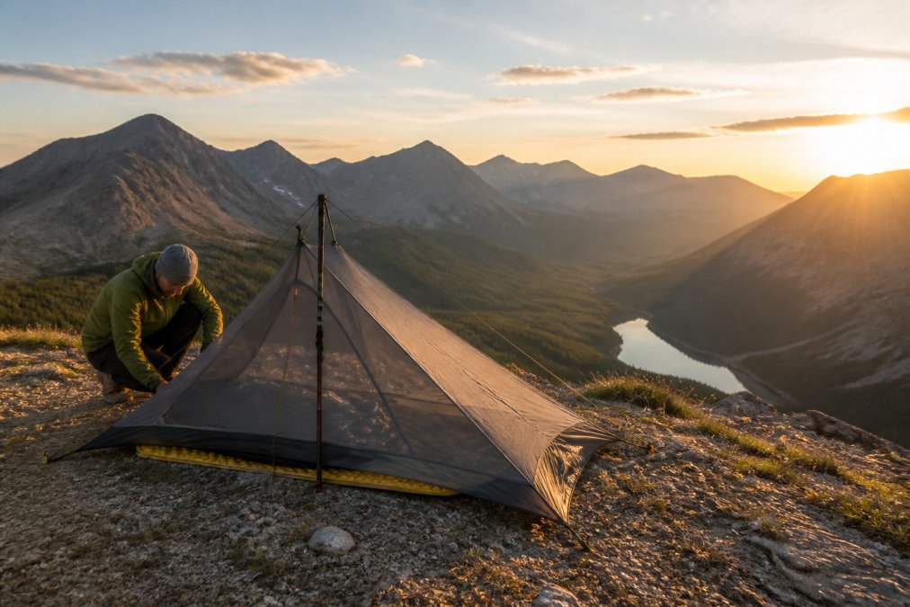 A solo backpacker pitching a lightweight trekking pole tent on a rocky alpine ridge at sunrise, with a mountain valley visible in the background