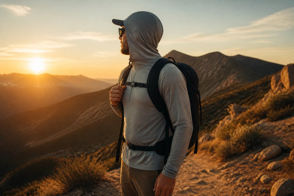 Hiker wearing lightweight UPF apparel and a hood on a dusty mountain trail during golden hour