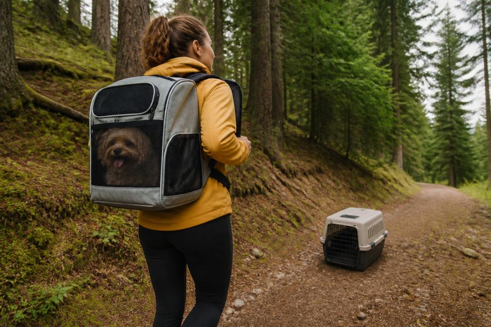Pet owner hiking on a forest trail carrying a lightweight backpack-style pet carrier with a small dog visible through mesh panels, with a standard hard-sided carrier shown resting on the ground in the background for size comparison