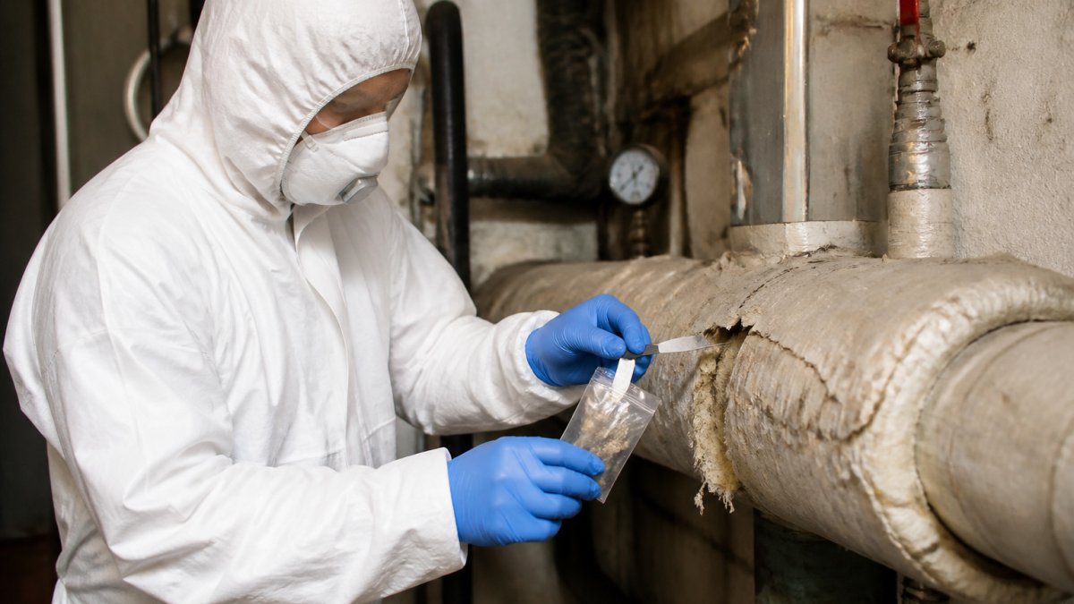 Certifikovaný pracovník v bílém ochranném obleku, respirátoru a rukavicích provádějící odběr vzorku azbestového materiálu z potrubí v technické místnosti bytového domu