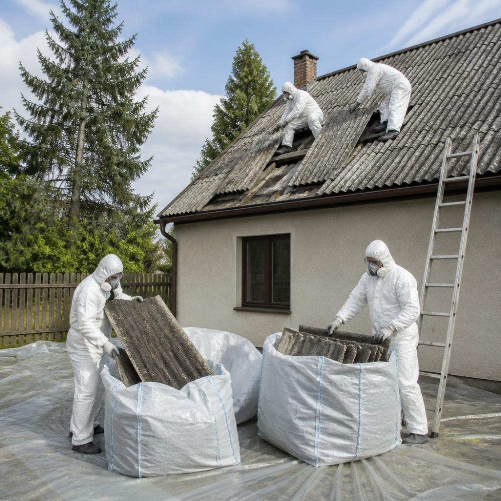 Pracovníci v bílých ochranných oblecích a respirátorech sundávají eternitové šablony ze střechy rodinného domu, desky opatrně skládají do připravených obalů, na pozemku je rozložena ochranná fólie a výstražné označení, denní světlo
