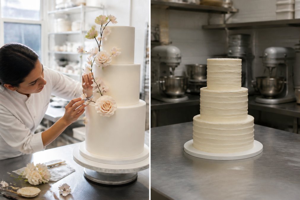 Pastry chef placing sugar flowers on a tiered cake, a bespoke Lilac Cake Shop alternative for weddings.