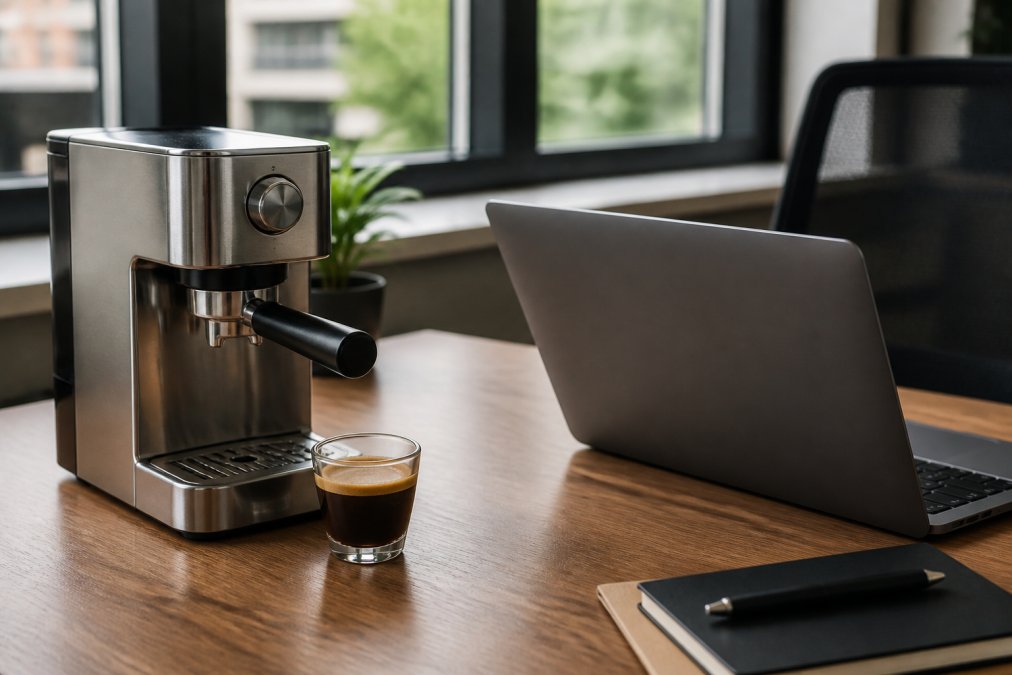 En kompakt espressomaskine i rustfrit stål placeret på et rent kontorbord ved siden af en notebook og en kop espresso, med naturligt lys fra et vindue i baggrunden