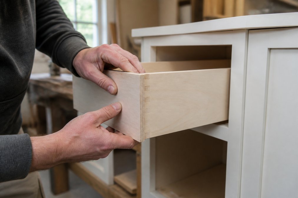 Close-up of hands inspecting the plywood edge and dovetail drawer joint of an unfinished white shaker cabinet in a bright workshop