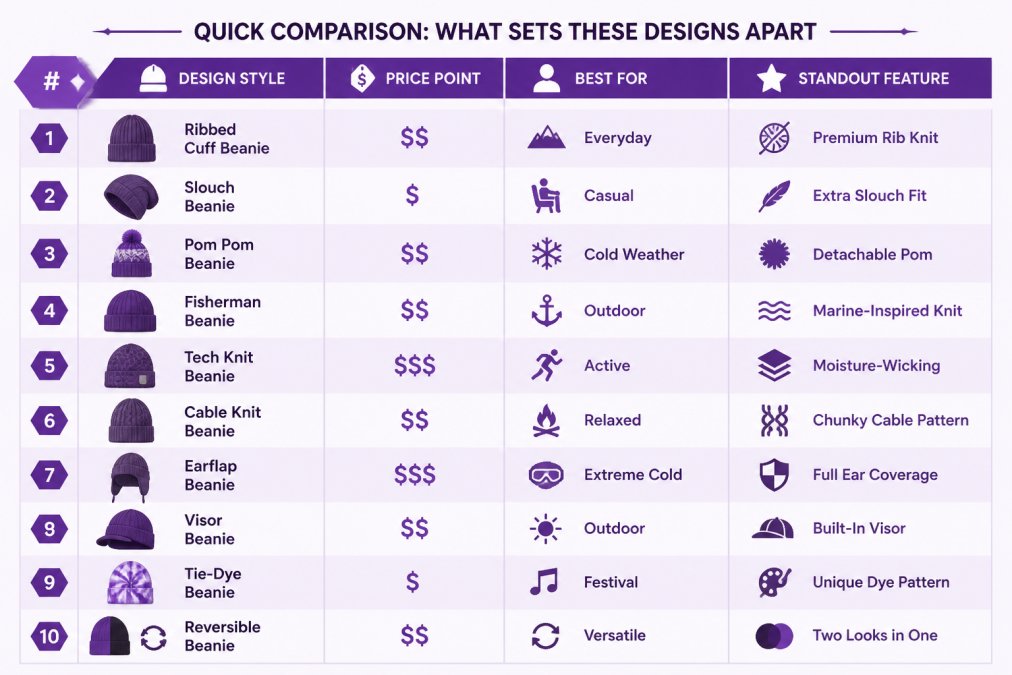 Feature comparison matrix showing all 10 limited edition designs with columns for design style, price point, best-for use case, and standout feature
