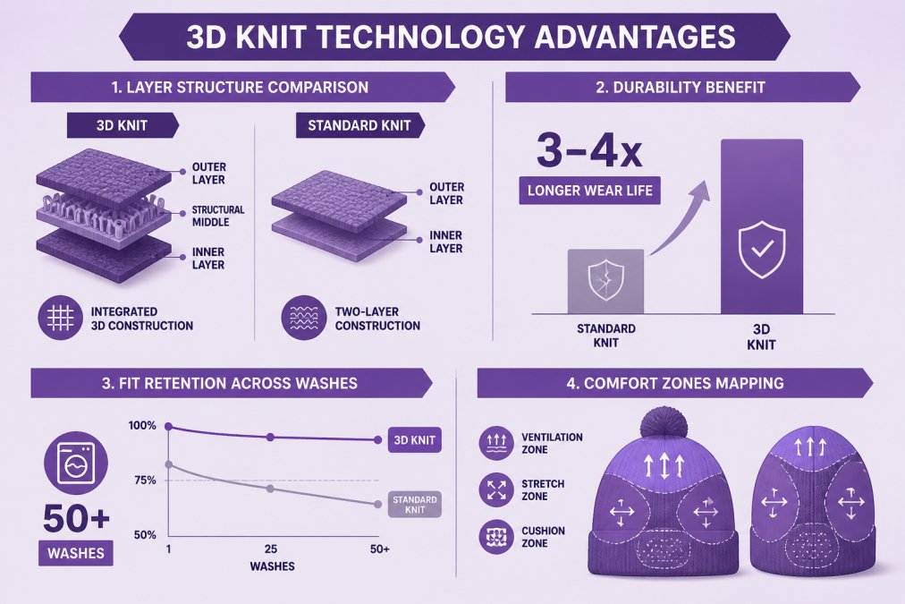 Diagram showing how 3D knit construction differs from standard knit: layer structure comparison, durability benefits showing 3-4x longer wear life, fit retention across 50+ washes, and comfort zones mapping