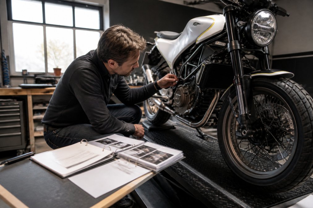 Verzamelaar inspecteert een limited edition Husqvarna motorfiets in detail, controleren van onderdelen en documentatie in een helderverlichte werkruimte